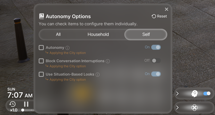 Autonomy settings in inZOI